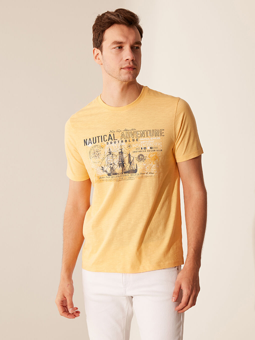 Sarı Bisiklet Yaka Baskılı Penye Tişört