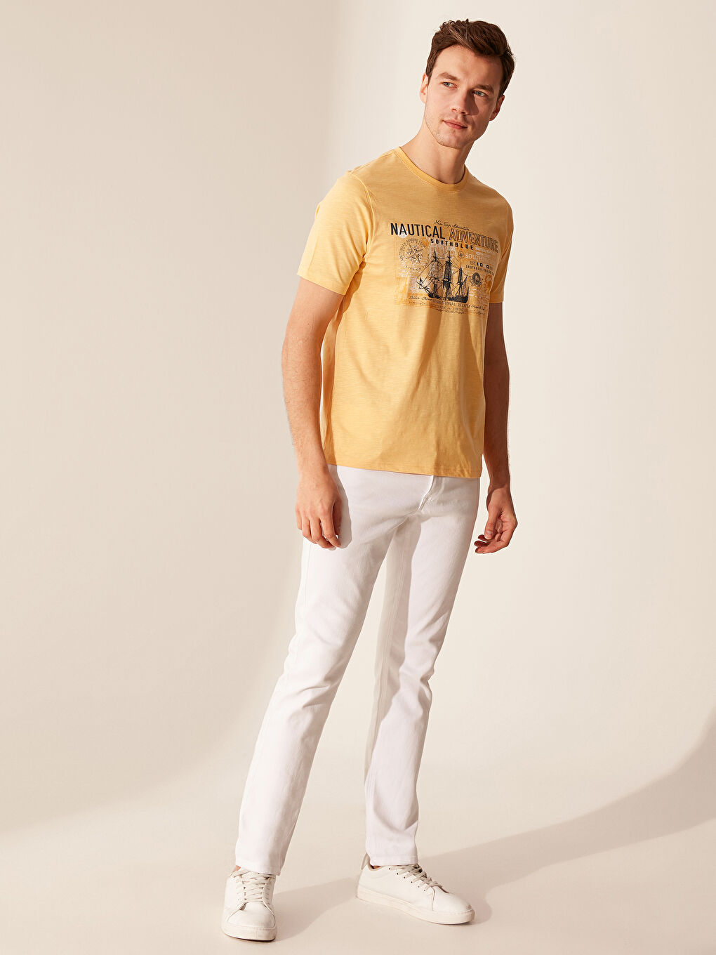 Sarı Bisiklet Yaka Baskılı Penye Tişört-3