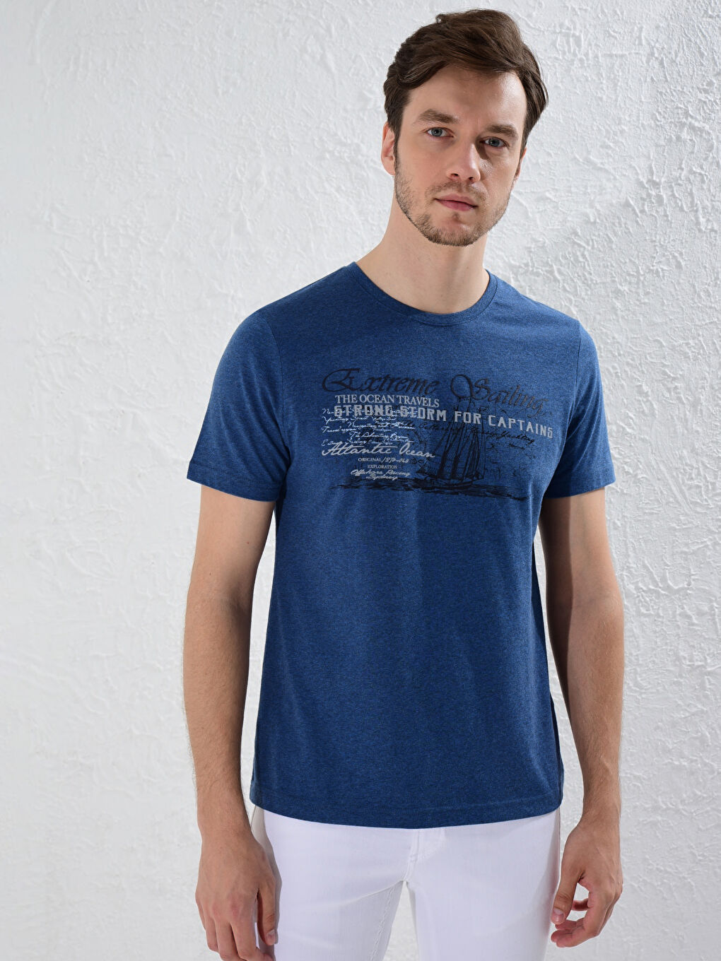 İndigo Bisiklet Yaka Baskılı Penye Tişört-1