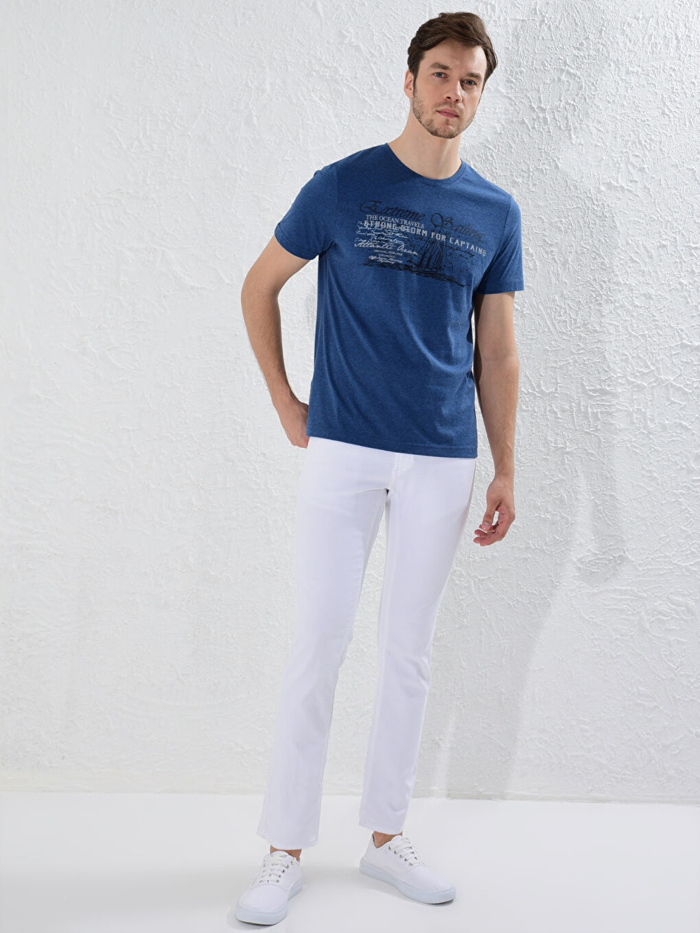 İndigo Bisiklet Yaka Baskılı Penye Tişört-2