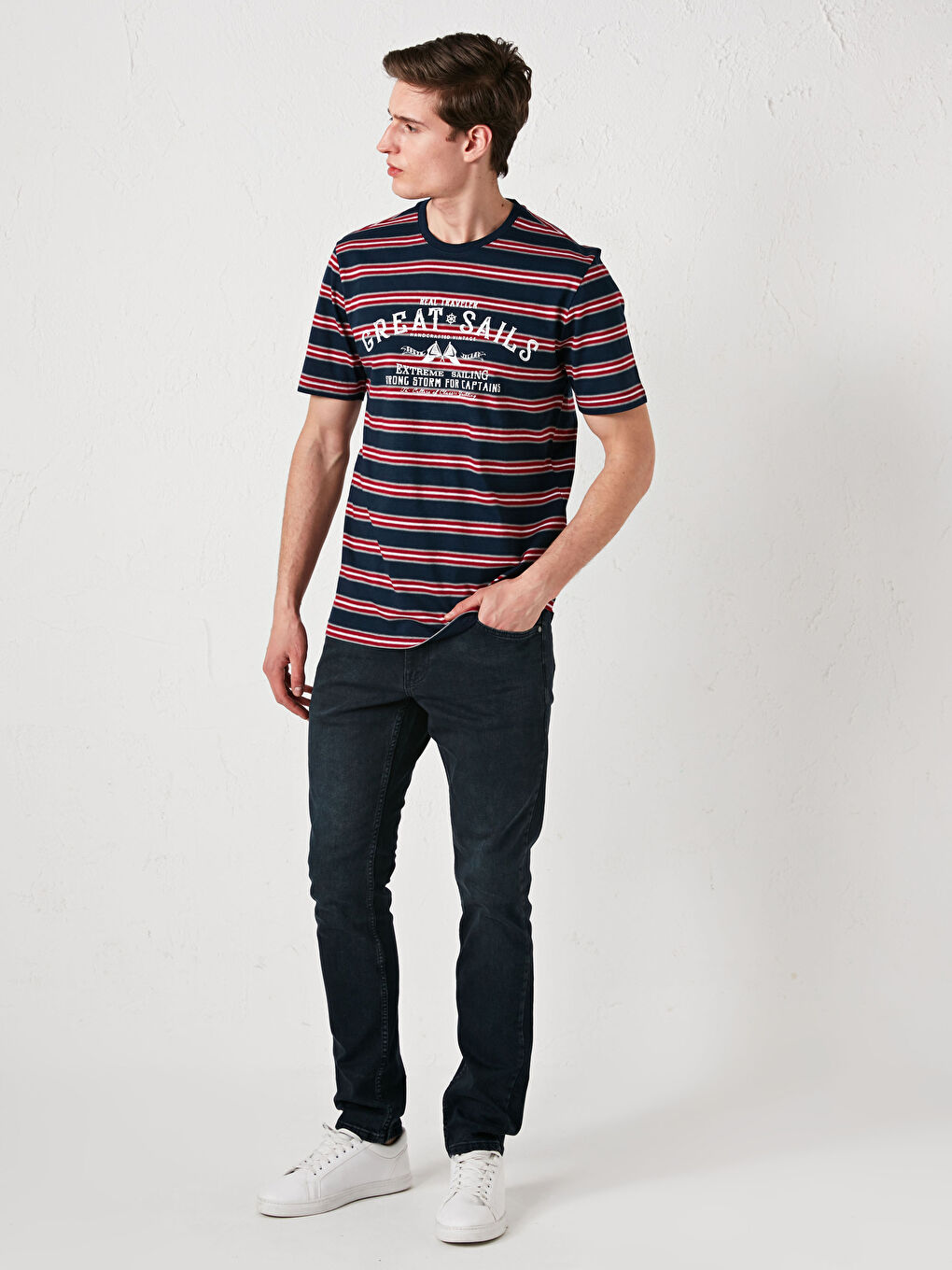Lacivert Bisiklet Yaka Kısa Kollu Çizgili Penye Erkek Tişört-2
