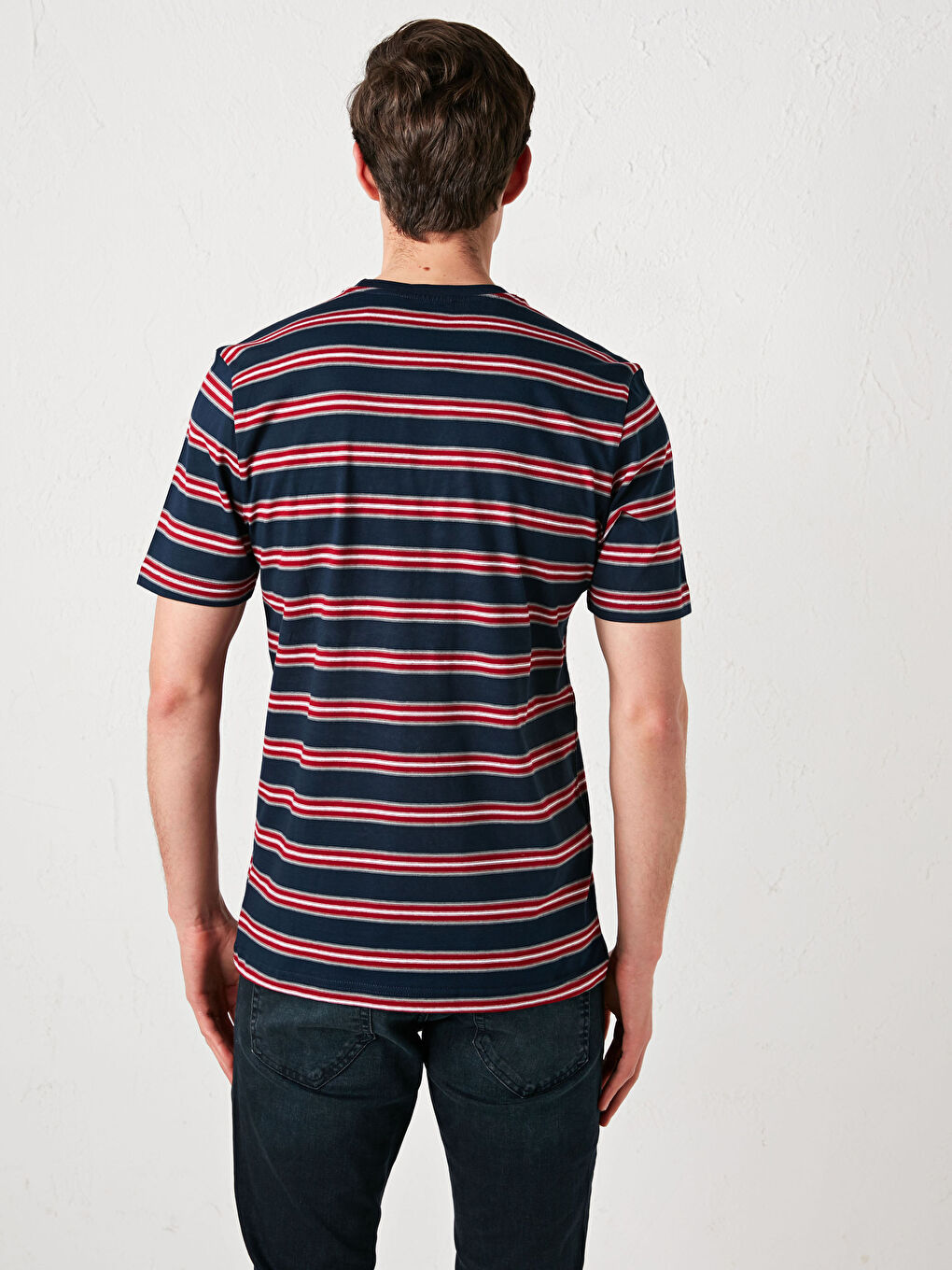 Lacivert Bisiklet Yaka Kısa Kollu Çizgili Penye Erkek Tişört-3