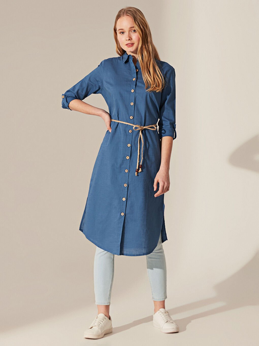 Mavi Gömlek Yaka Uzun Kollu Kadın Tunik-1