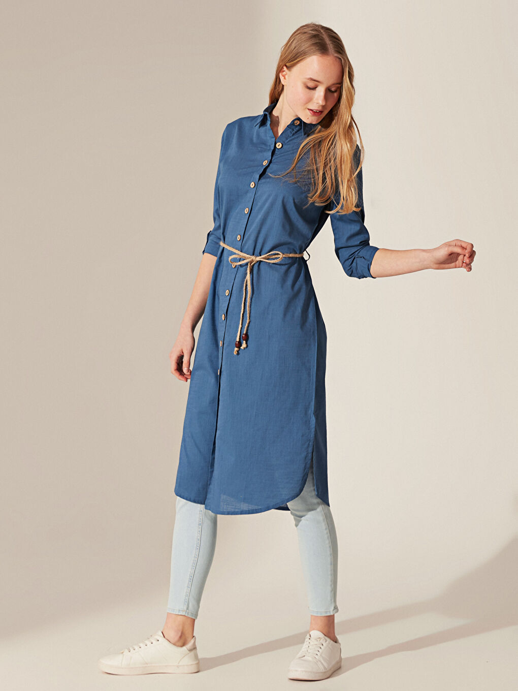 Mavi Gömlek Yaka Uzun Kollu Kadın Tunik-5