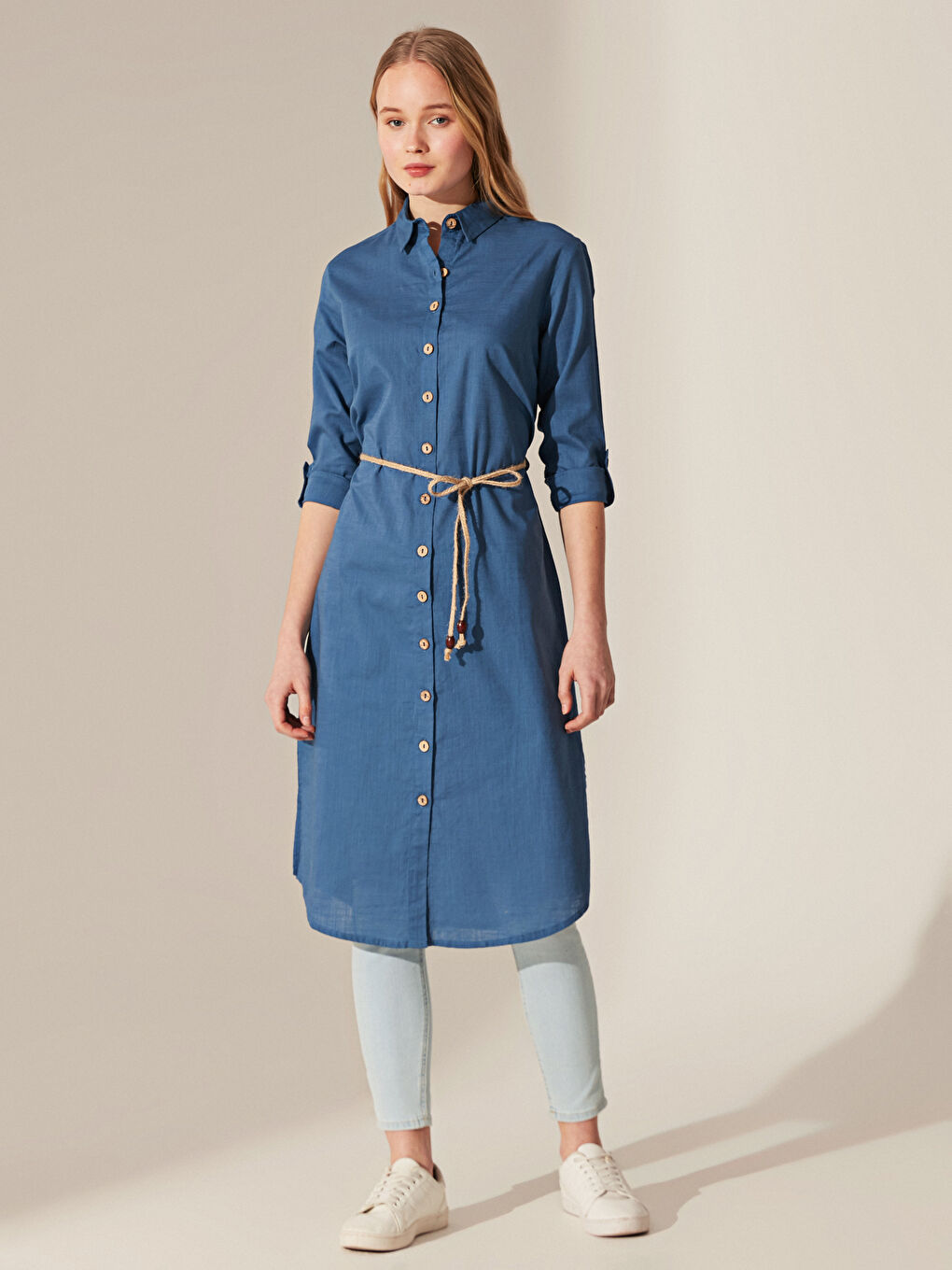 Mavi Gömlek Yaka Uzun Kollu Kadın Tunik-6