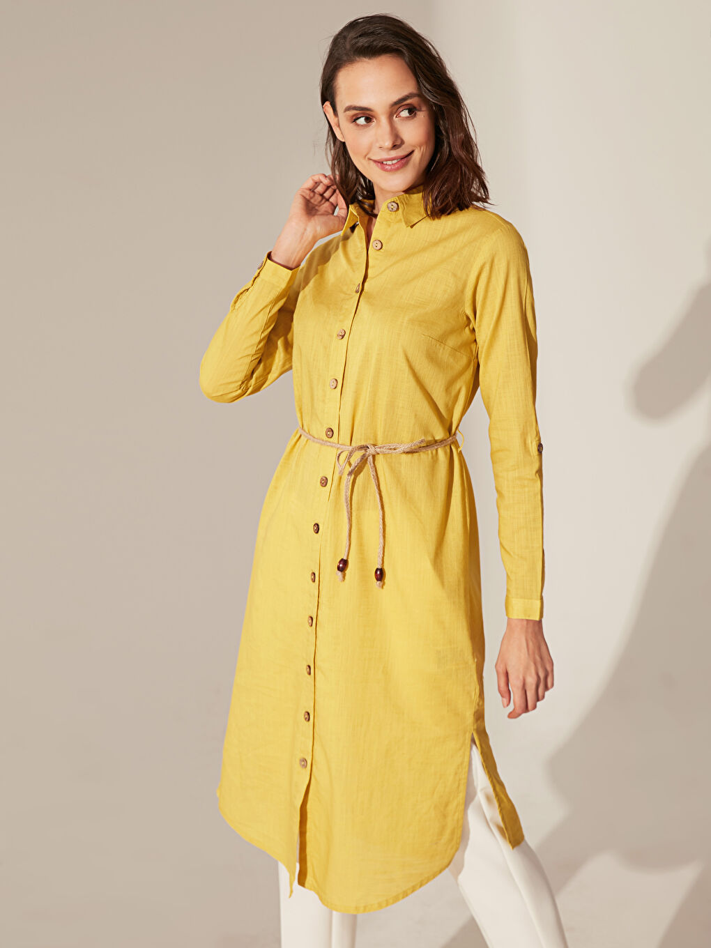 Sarı Gömlek Yaka Uzun Kollu Kadın Tunik-1