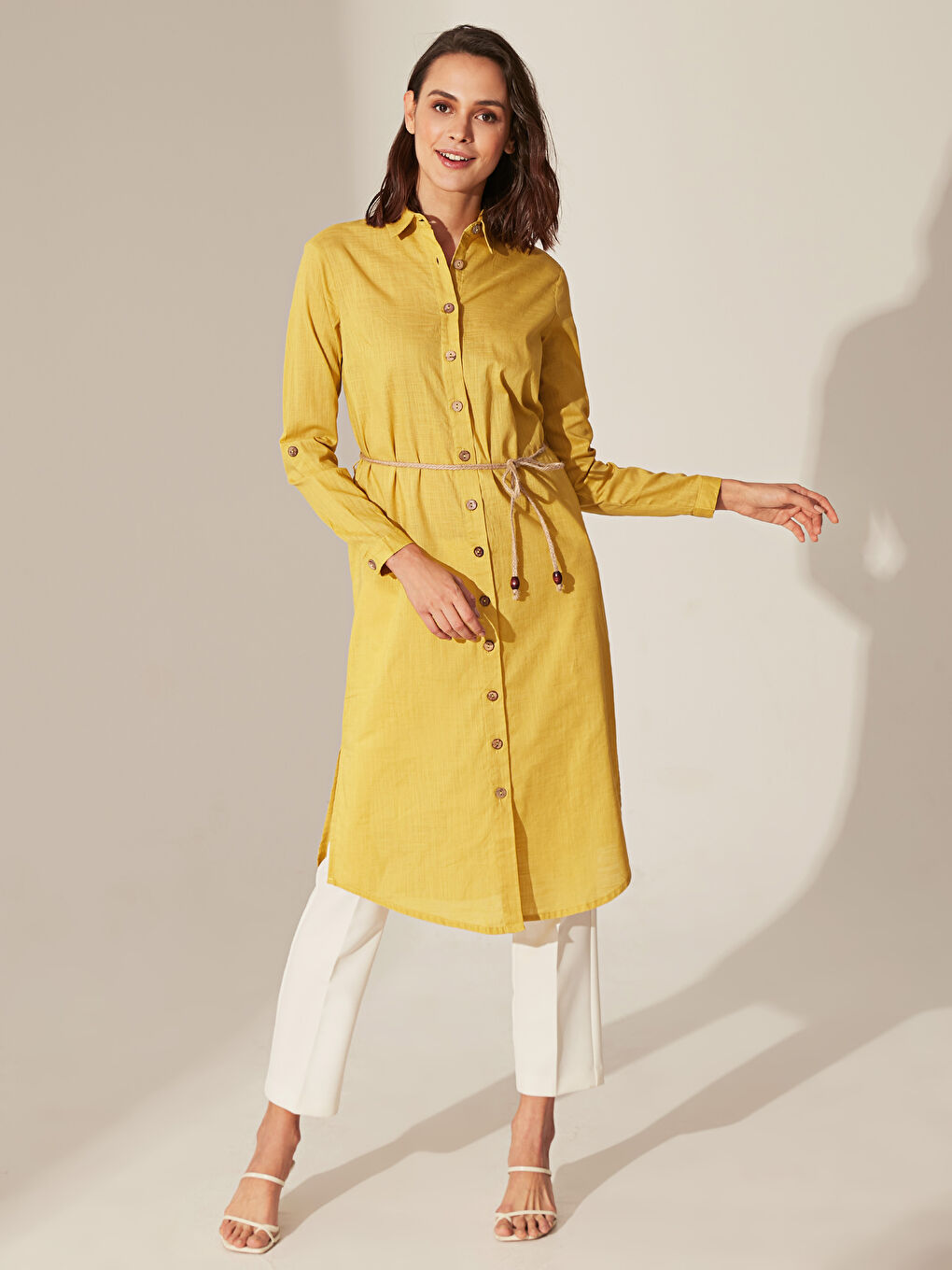 Sarı Gömlek Yaka Uzun Kollu Kadın Tunik-5