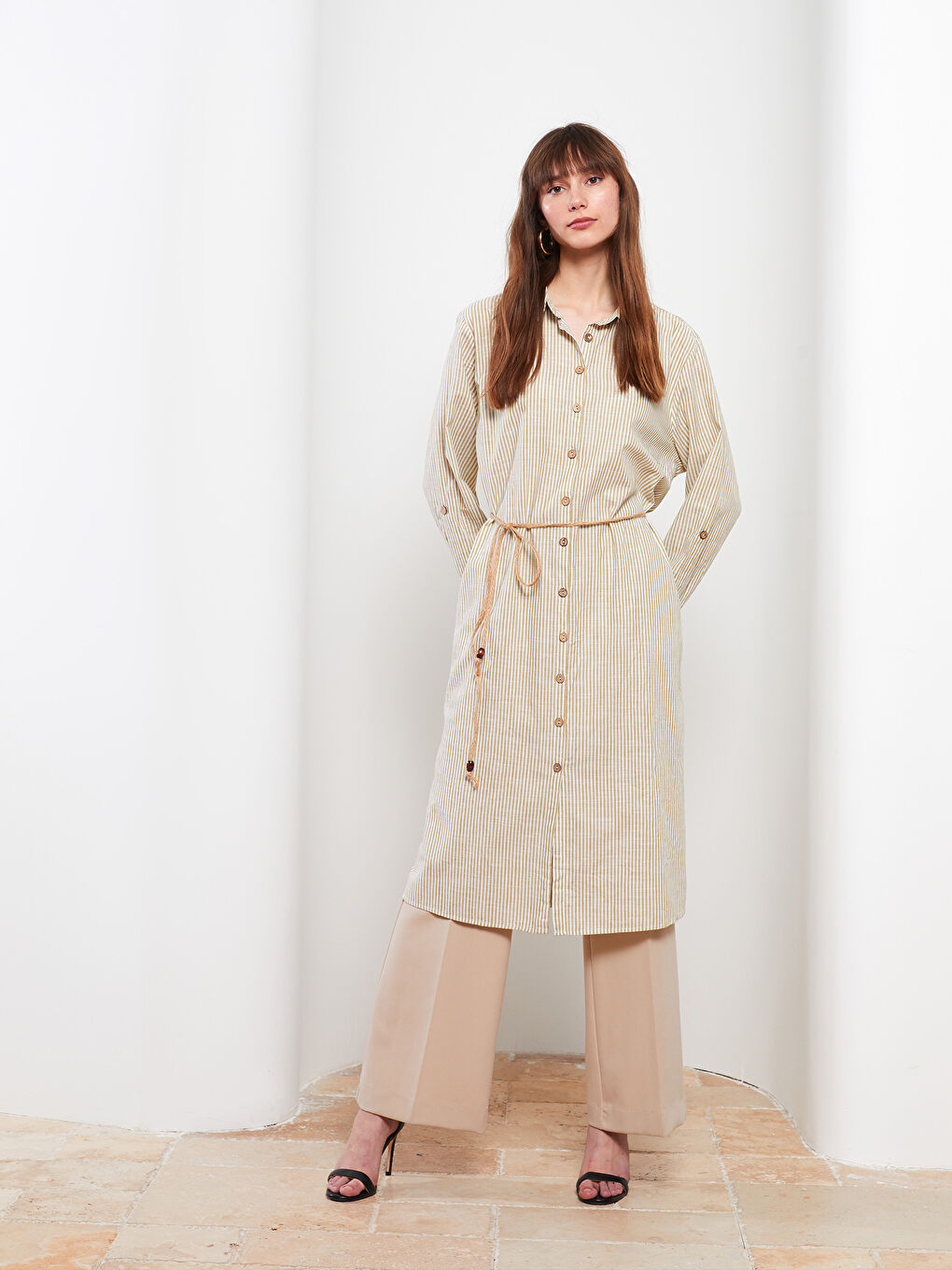 Haki Çizgili Kadın Gömlek Tunik