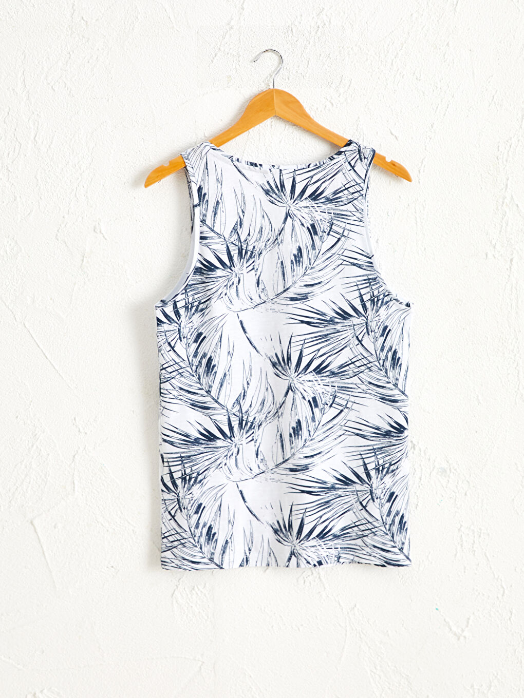 Beyaz Bisiklet Yaka Desenli Erkek Kolsuz Tişört-1