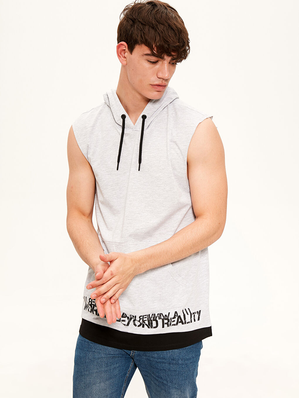 Gri Bisiklet Yaka Penye Erkek Kolsuz Tişört