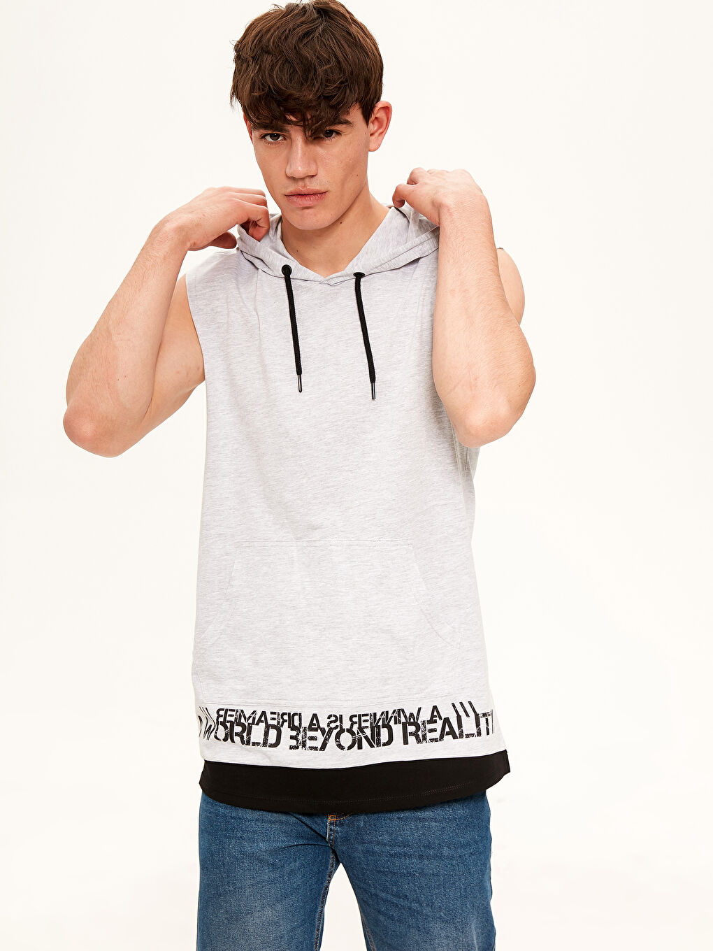 Gri Bisiklet Yaka Penye Erkek Kolsuz Tişört-1