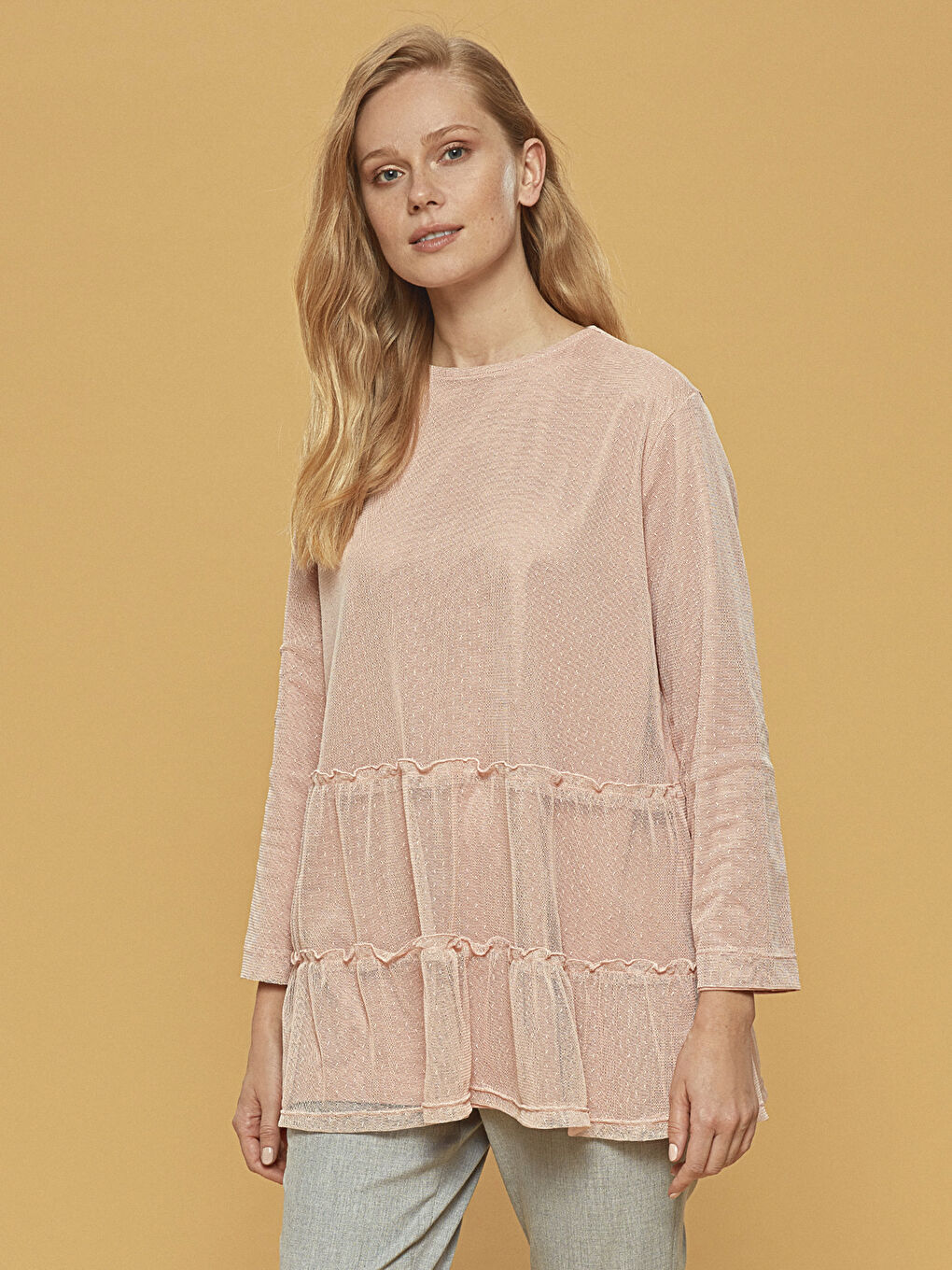 Pembe Bisiklet Yaka Uzun Kollu Oversize Kadın Tunik