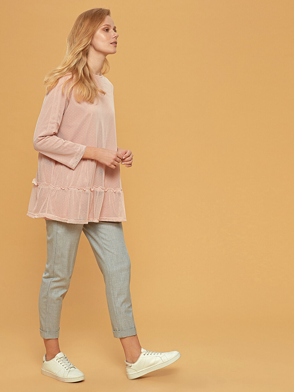 Pembe Bisiklet Yaka Uzun Kollu Oversize Kadın Tunik-2