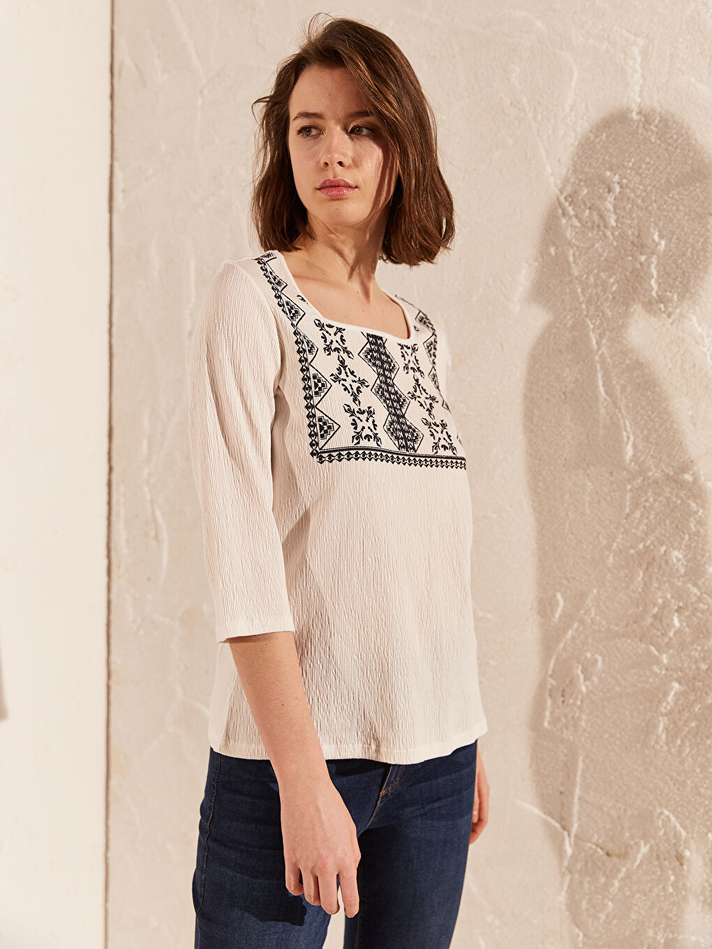 Square Collar Embroidered Women's T-Shirt