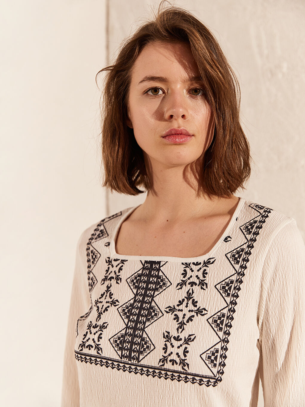 Square Collar Embroidered Women's T-Shirt-1