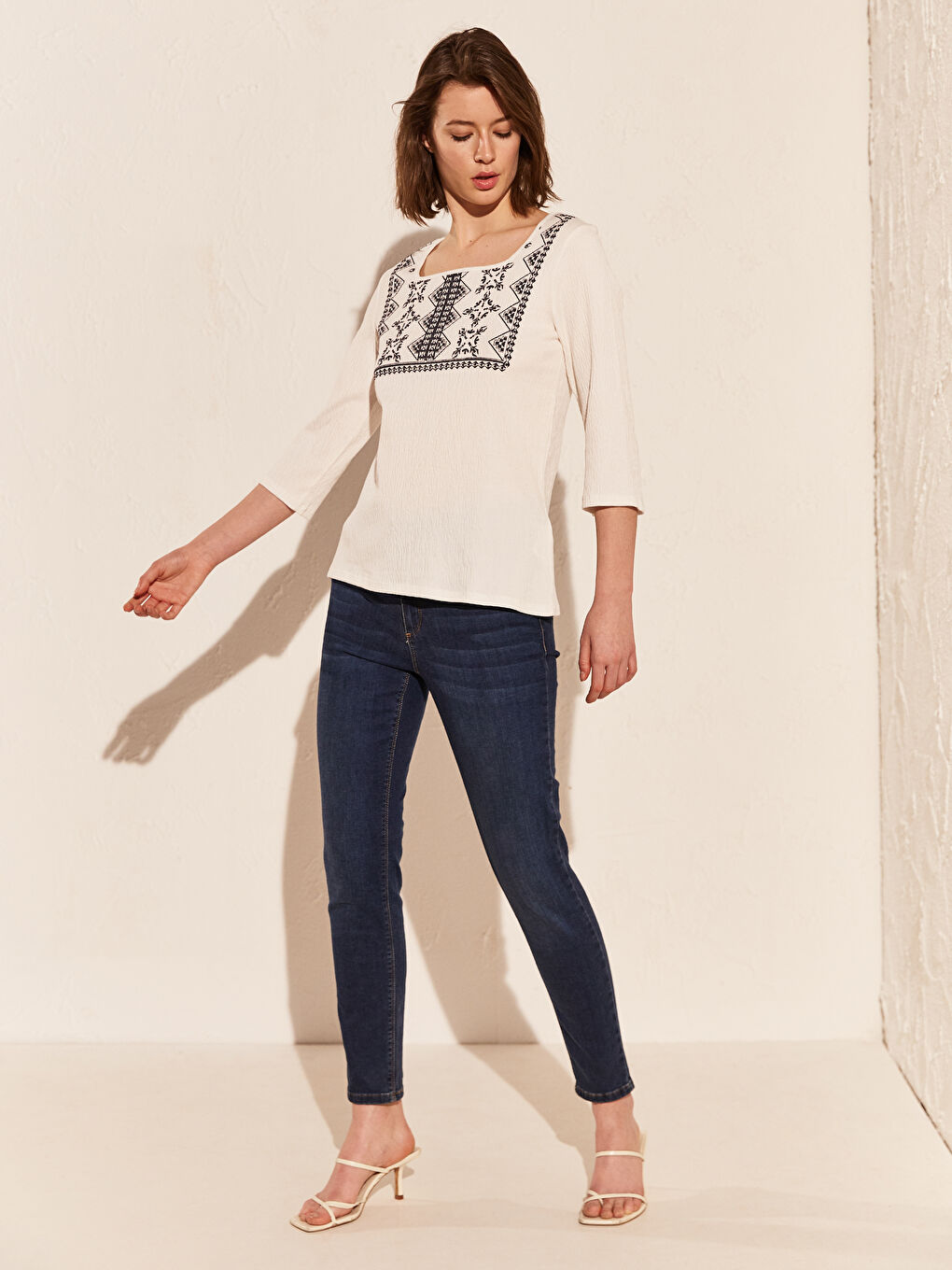 Square Collar Embroidered Women's T-Shirt-2