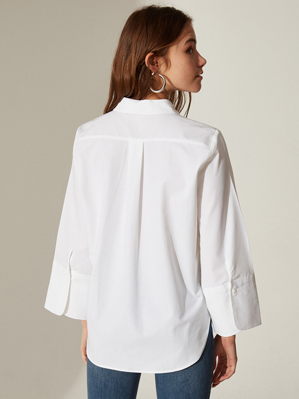 Beyaz Salaş Düz Poplin Uzun Kollu Kadın Gömlek-5