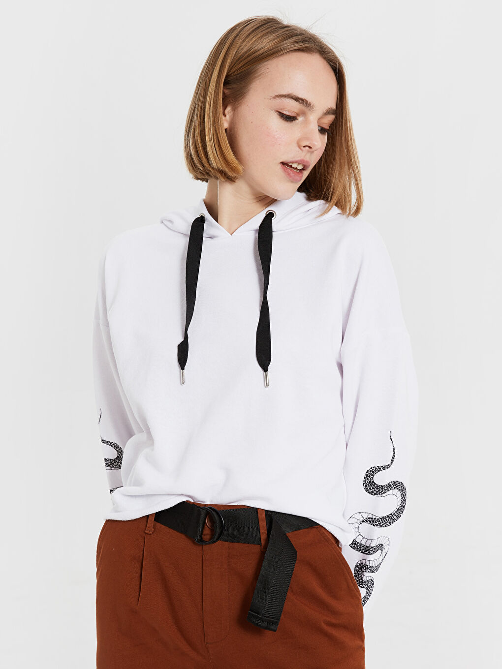 Beyaz Baskılı Uzun Kollu Kadın Hoodie-1