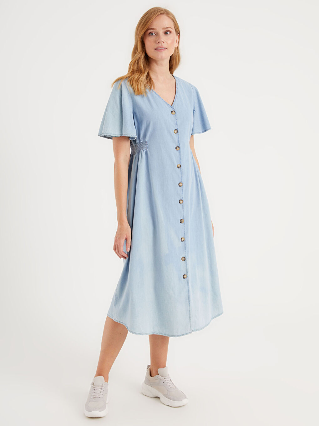 İndigo V Yaka Kısa Kollu Kadın Hamile Jean Elbise-2