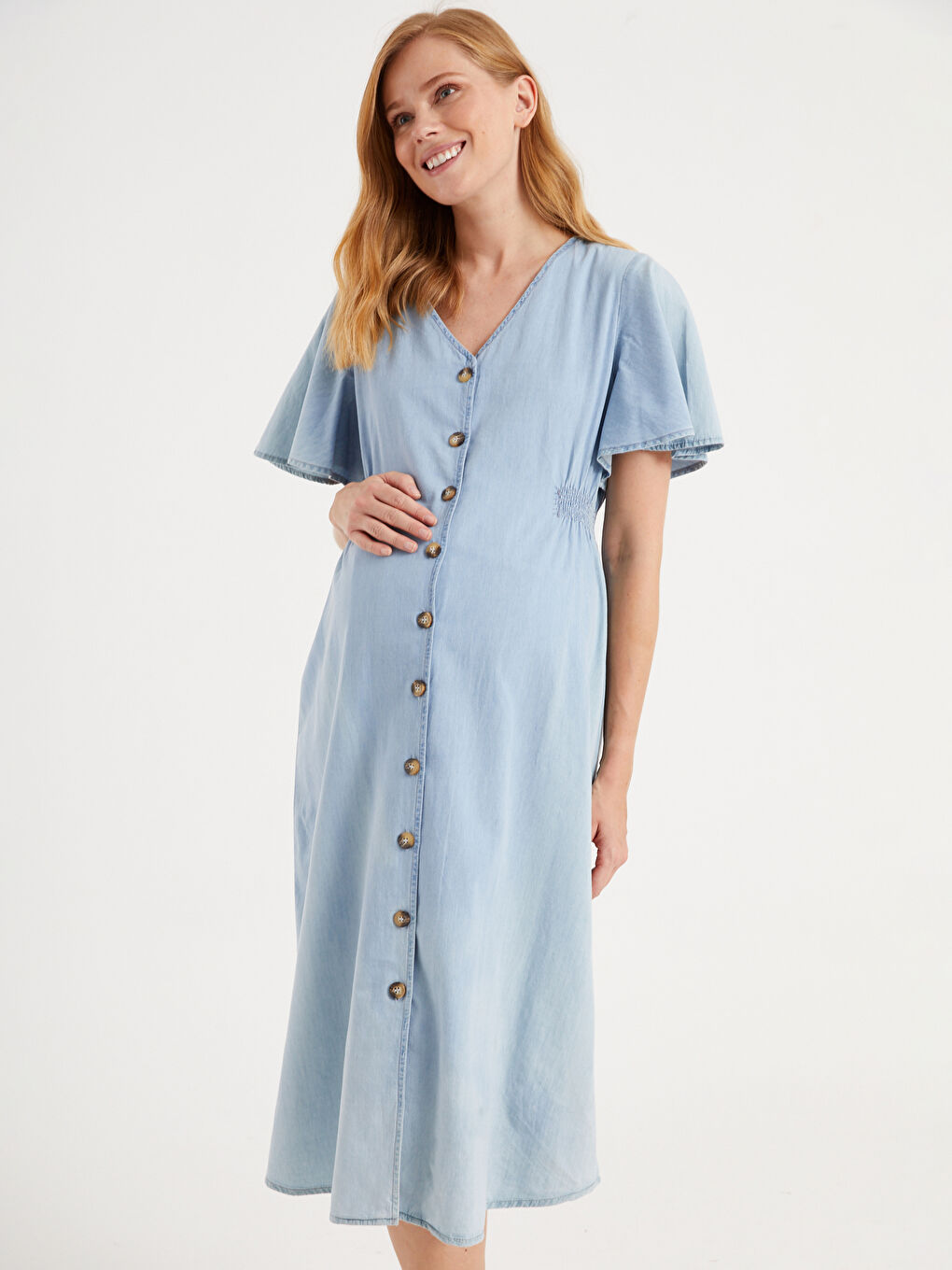 İndigo V Yaka Kısa Kollu Kadın Hamile Jean Elbise-3