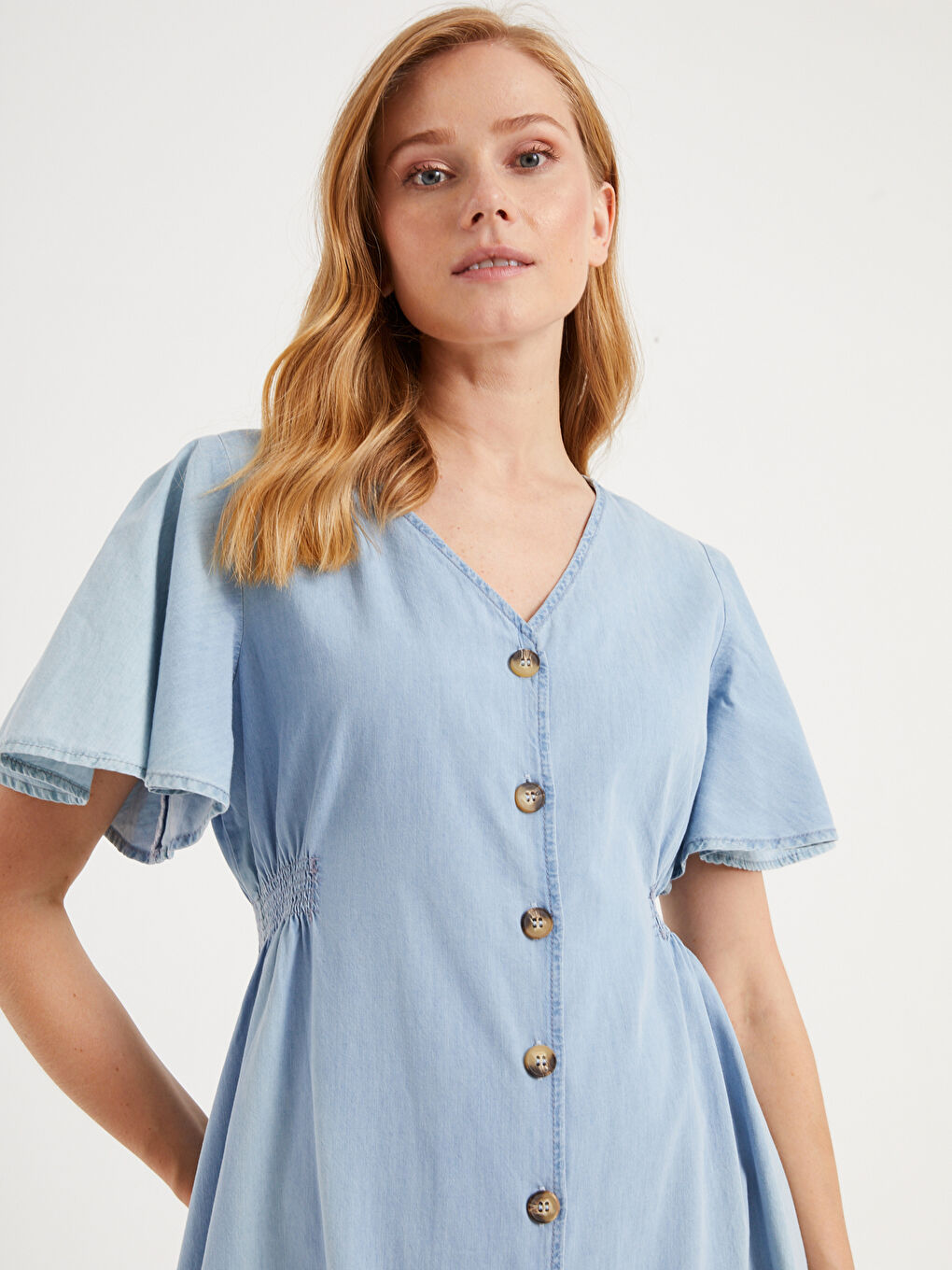 İndigo V Yaka Kısa Kollu Kadın Hamile Jean Elbise-4