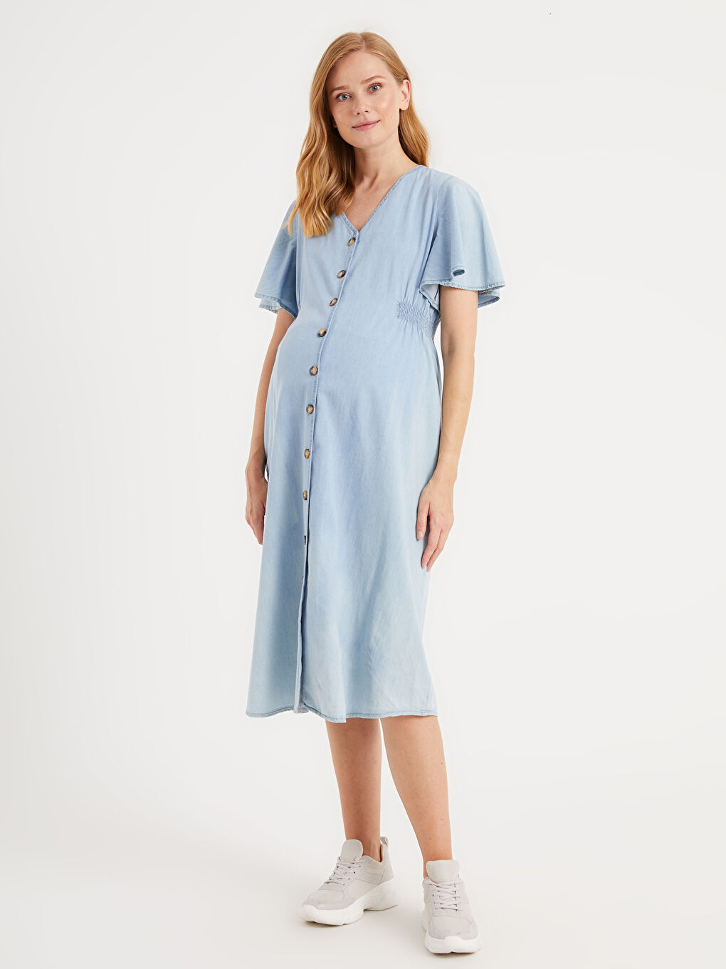 İndigo V Yaka Kısa Kollu Kadın Hamile Jean Elbise