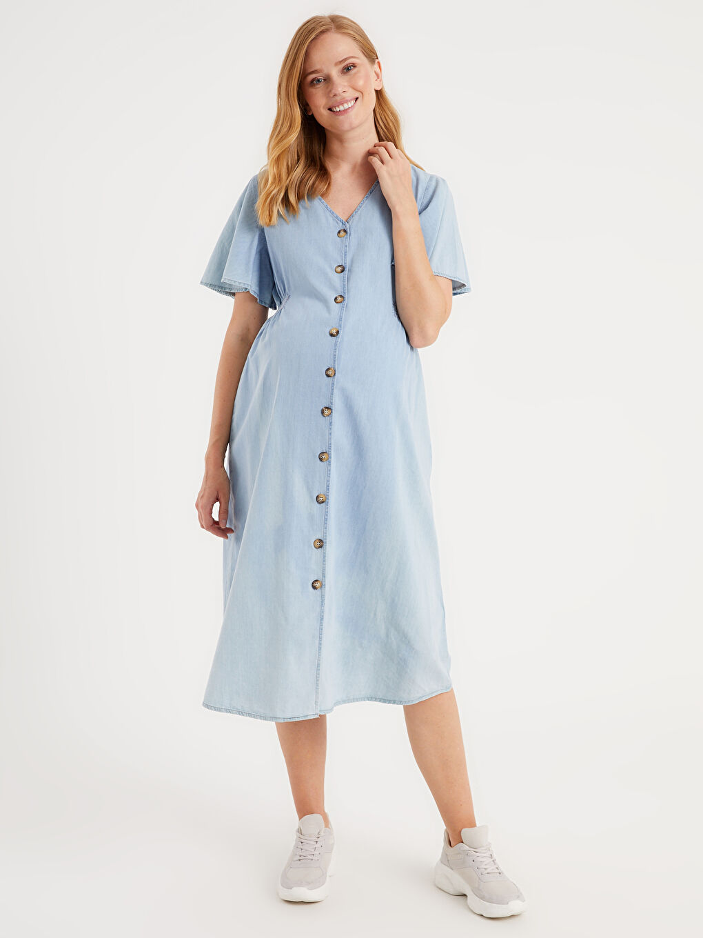 İndigo V Yaka Kısa Kollu Kadın Hamile Jean Elbise-1