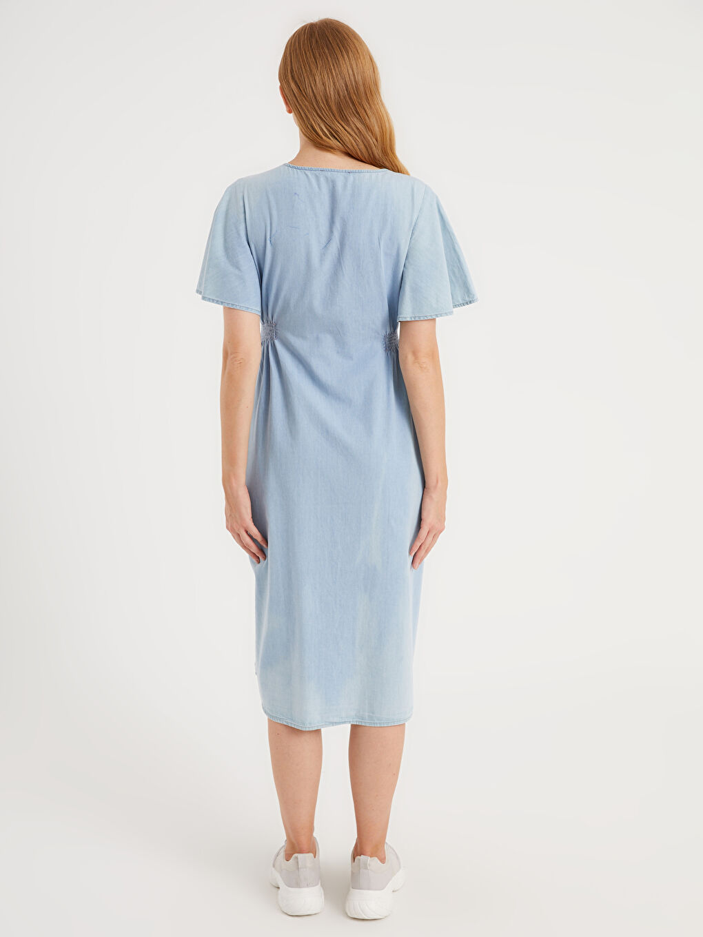 İndigo V Yaka Kısa Kollu Kadın Hamile Jean Elbise-5