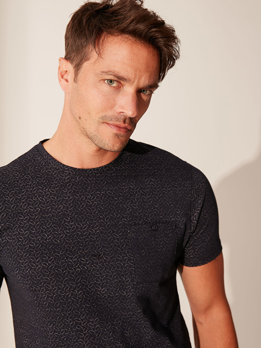 Lacivert Bisiklet Yaka Penye Erkek Tişört-1