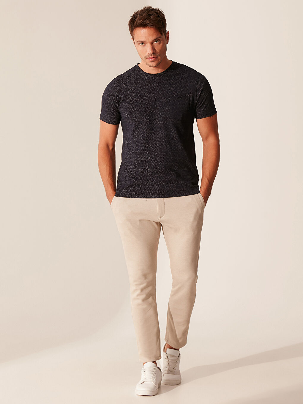 Lacivert Bisiklet Yaka Penye Erkek Tişört-4