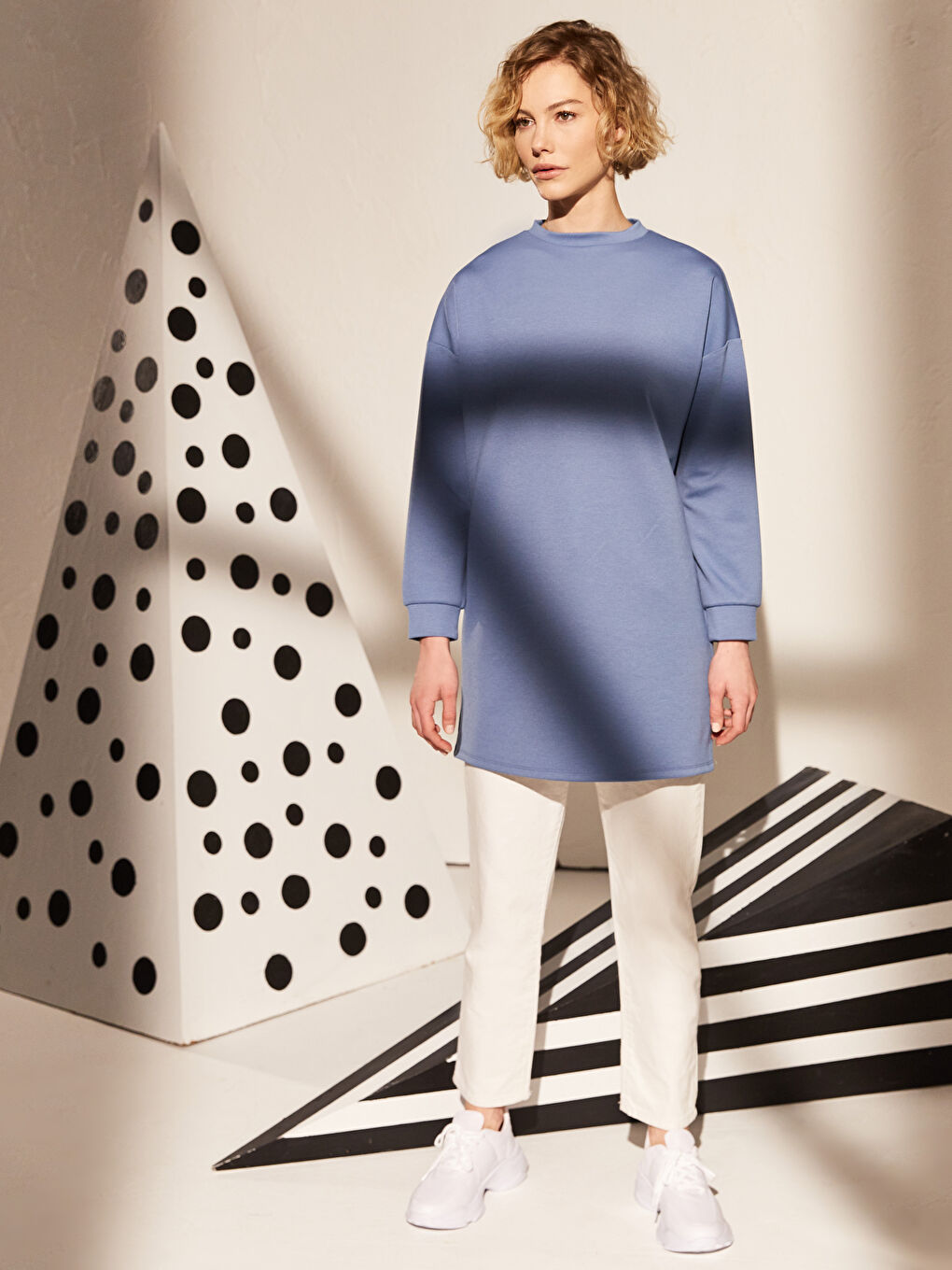 Mavi Dik Yaka Uzun Kollu Oversize Kadın Tunik-4