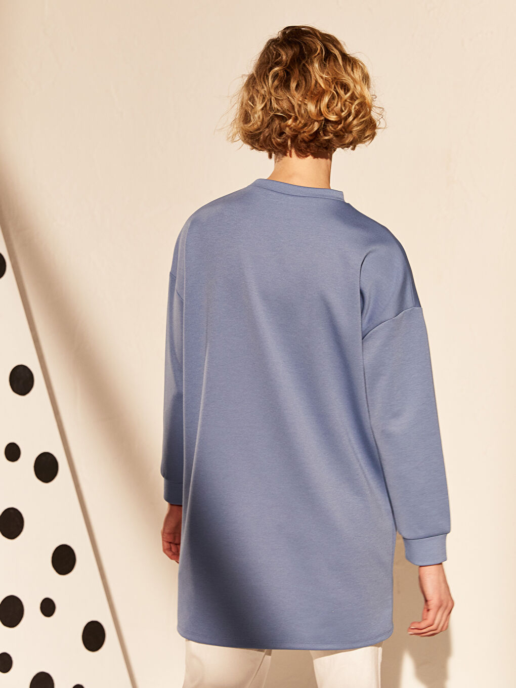 Mavi Dik Yaka Uzun Kollu Oversize Kadın Tunik-5