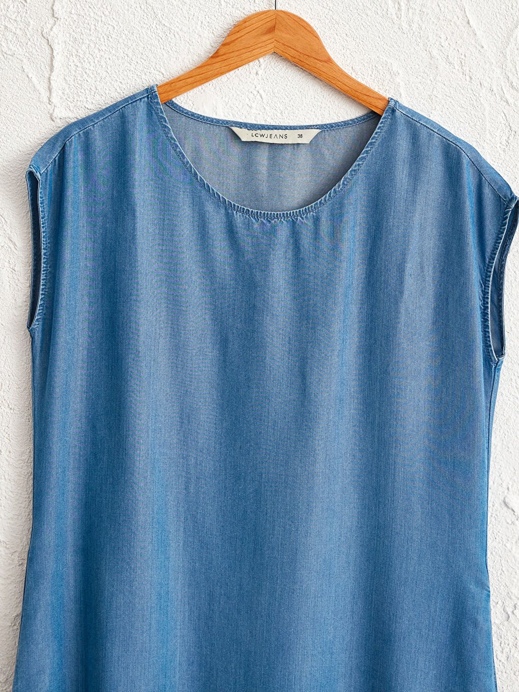 Bej Kadın Bisiklet Yaka Kolsuz Jean Elbise-2