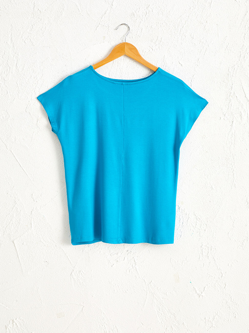 Turkuaz Bisiklet Yaka Standart Fit Kısa Kollu Penye Kadın Düz Viskon Tişört-1