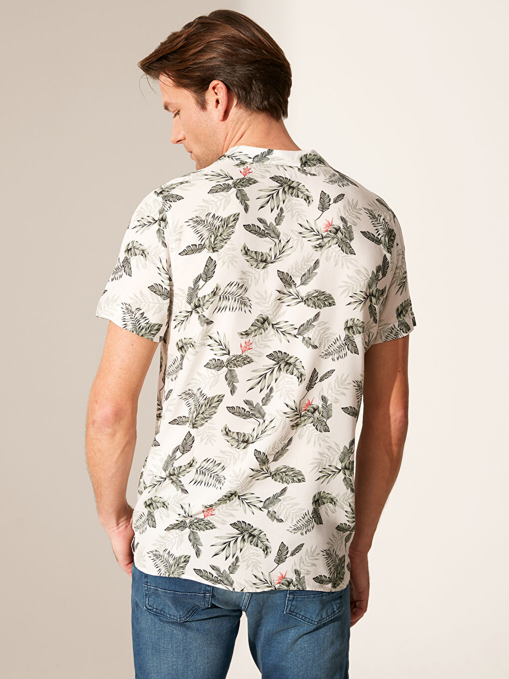 Bej Slim Fit Kısa Kollu Desenli Viskon Erkek Gömlek-2