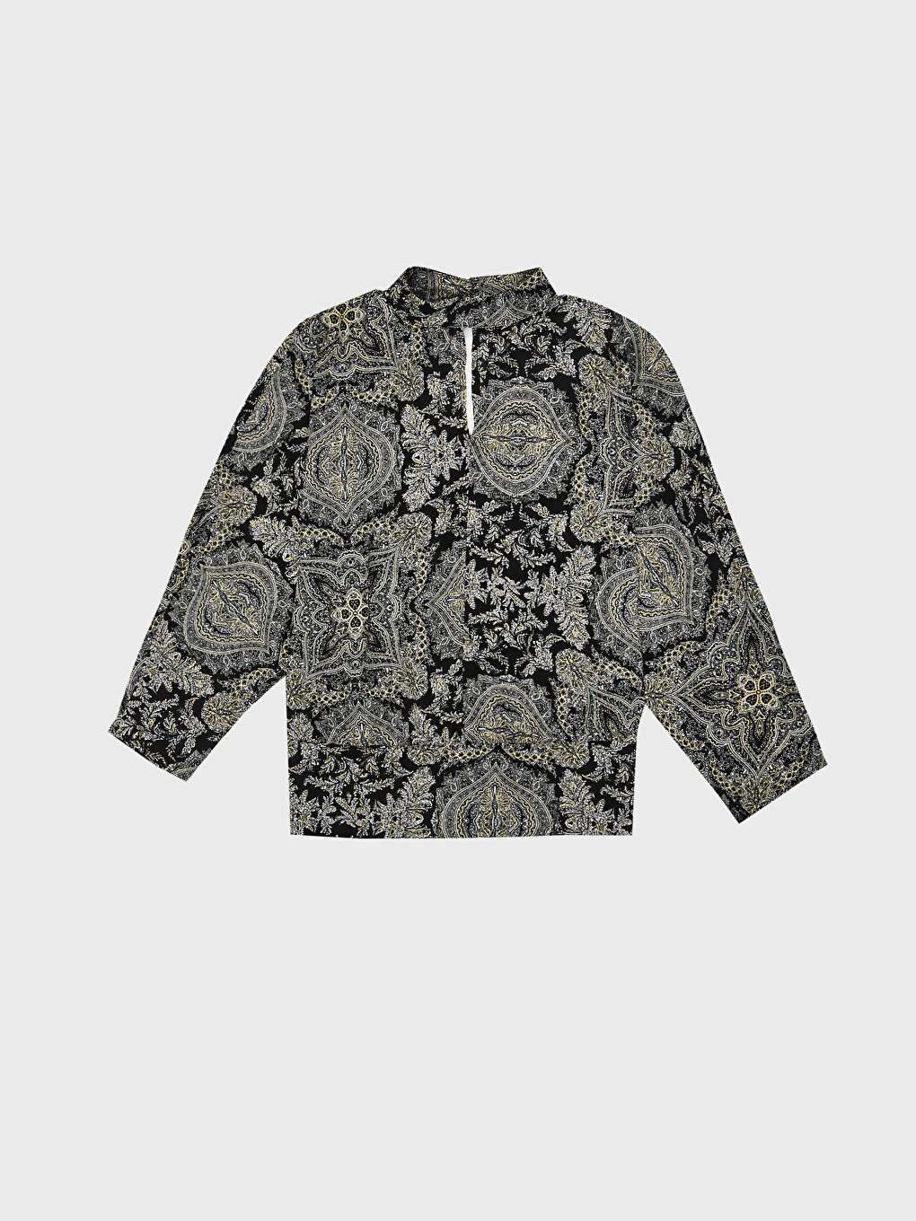 Siyah Bisiklet Yaka Desenli Uzun Kollu Kadın Bluz-5