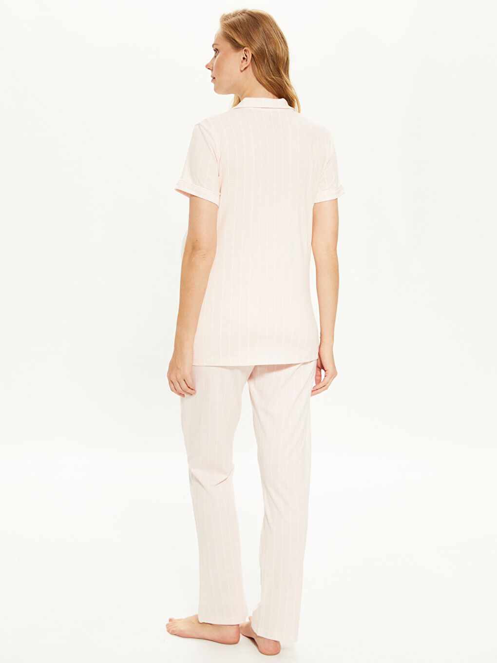 Pembe Gömlek Yaka Kısa Kollu Kadın Pijama Takım-3