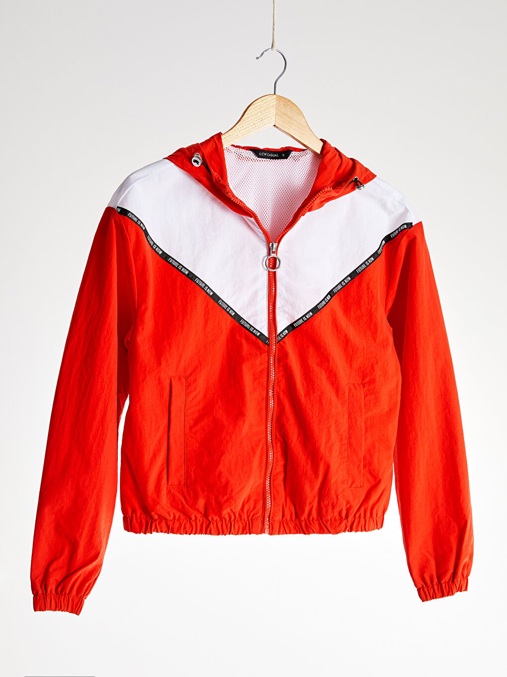 Turuncu Kapüşonlu Renk Bloklu Uzun Kollu İnce Kadın Yağmurluk-7