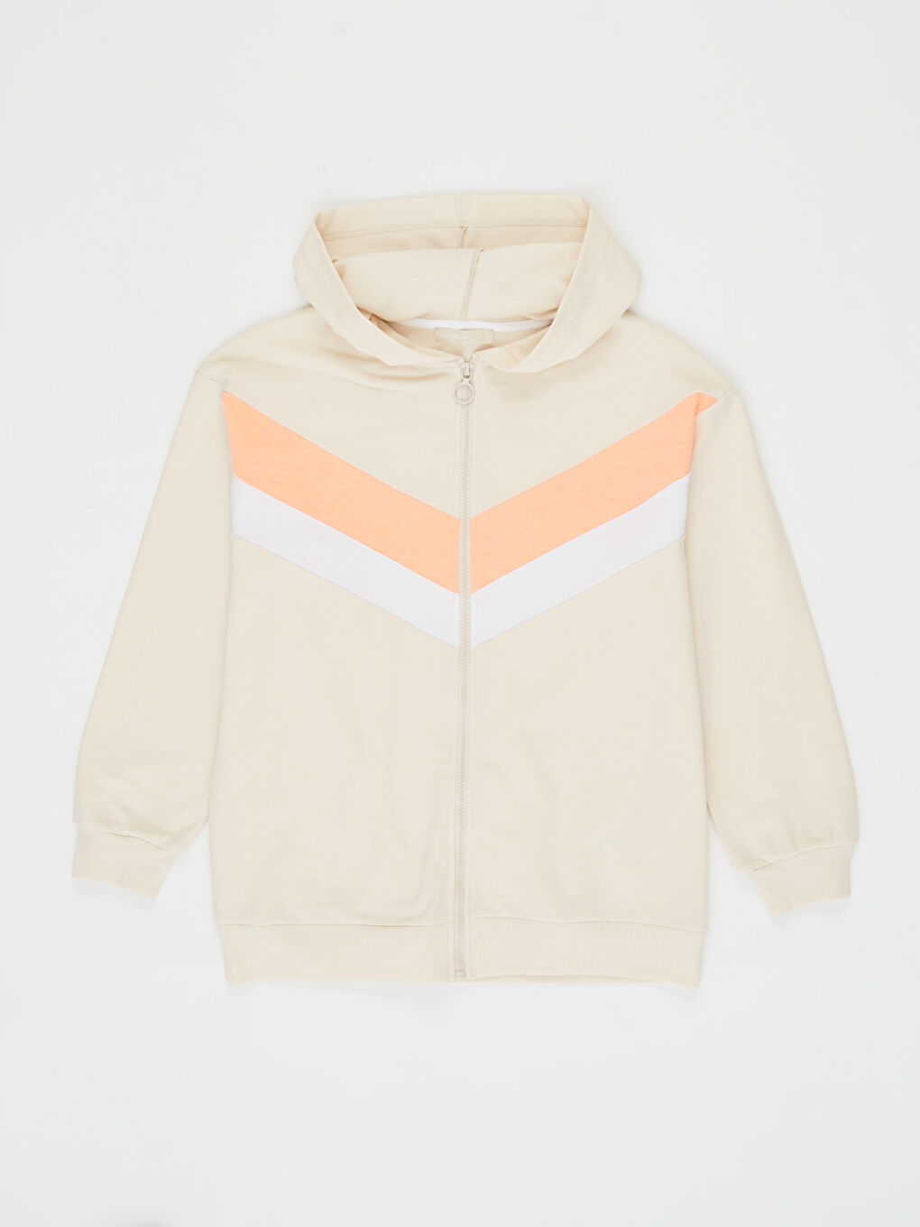 Bej Kapüşonlu Uzun Kollu Sweatshirt Kumaşı Kadın Spor Hırka-1