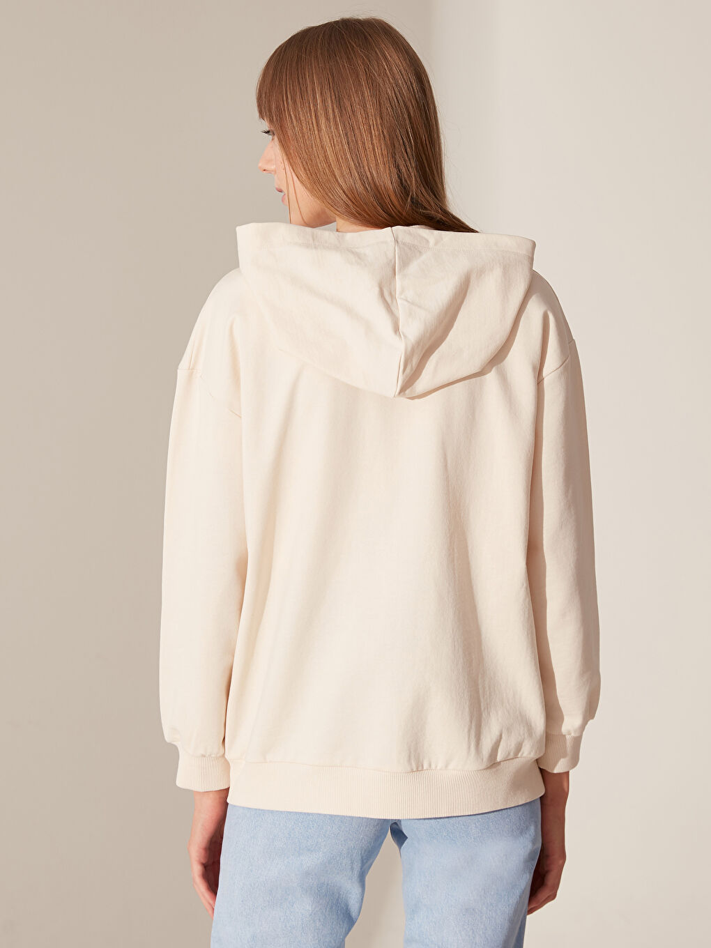 Bej Kapüşonlu Uzun Kollu Sweatshirt Kumaşı Kadın Spor Hırka-5