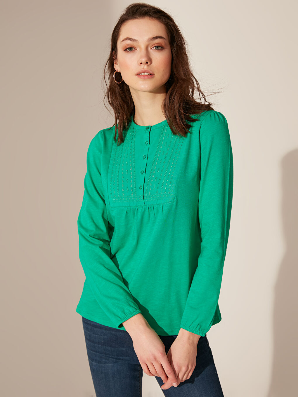 Grandad Collar Long Sleeve Women's T-Shirt-1