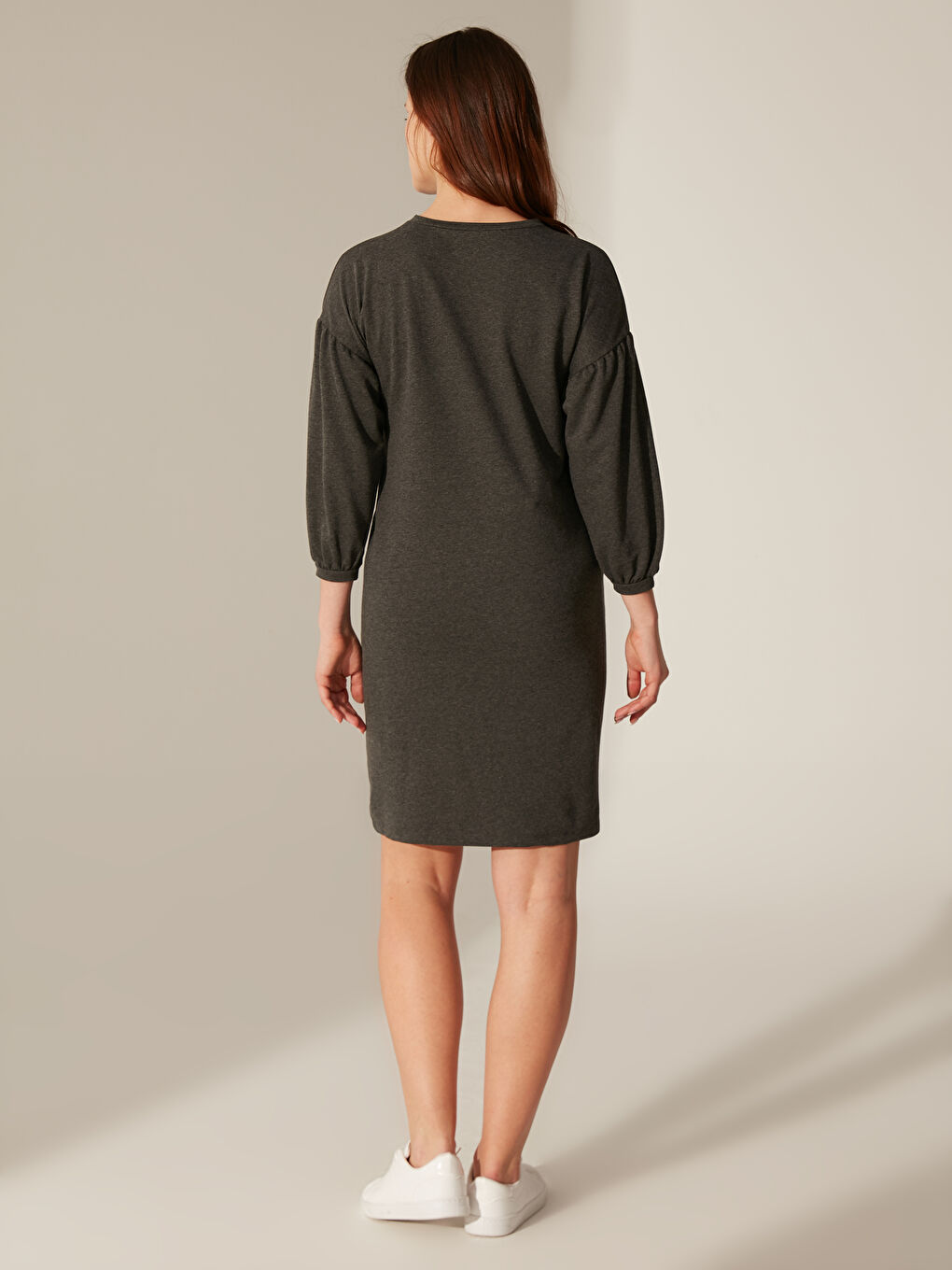 Gri Bisiklet Yaka Baskılı Hamile Elbise-5