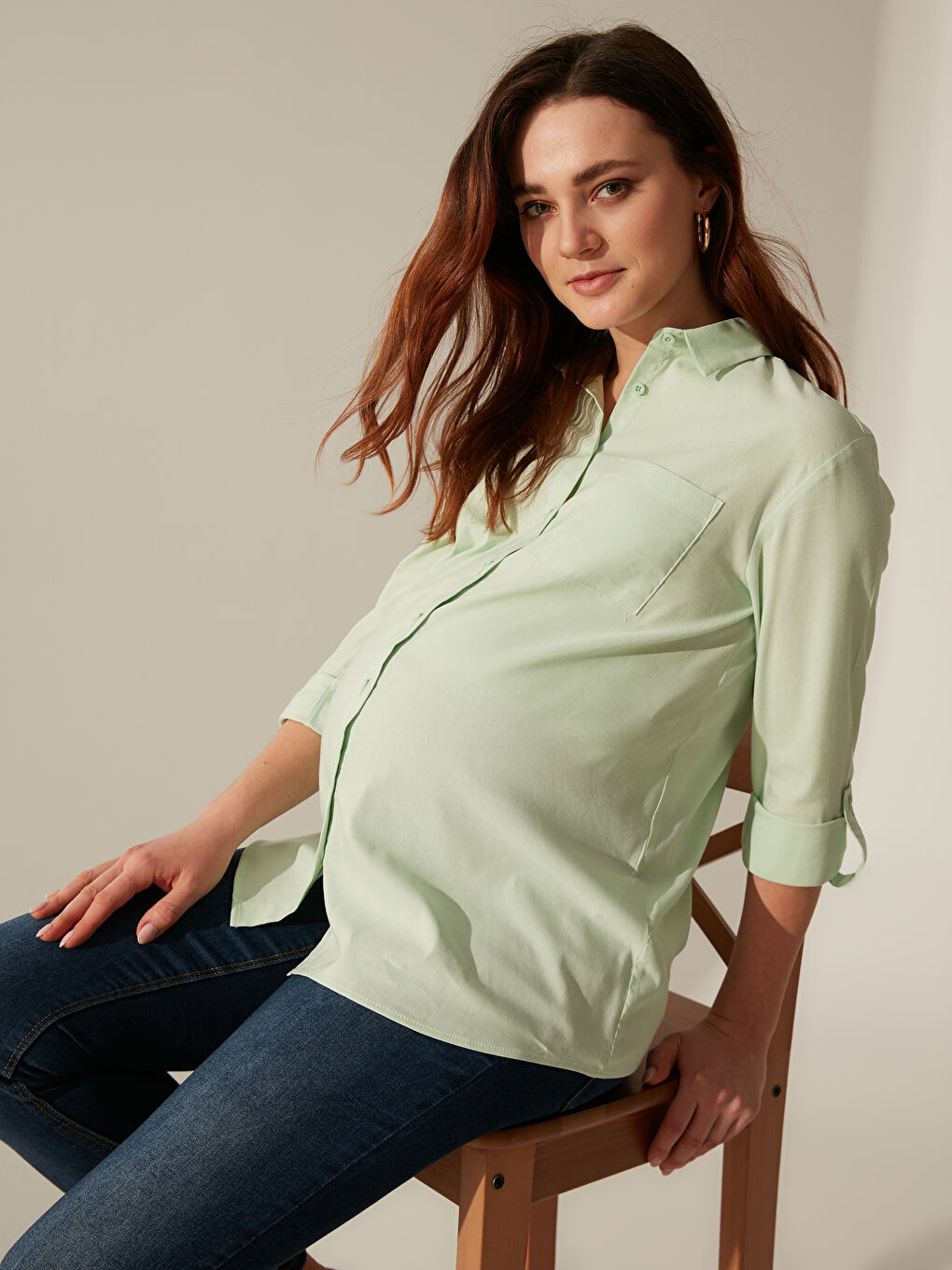 Yeşil Gömlek Yaka Uzun Kollu Poplin Kadın Gömlek-1