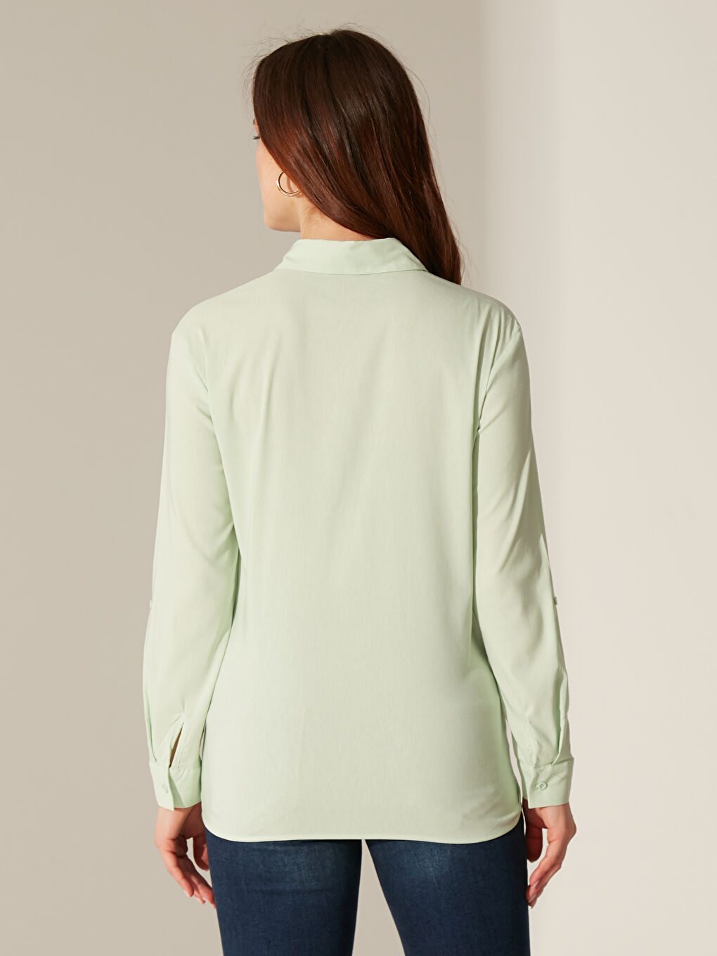 Yeşil Gömlek Yaka Uzun Kollu Poplin Kadın Gömlek-4