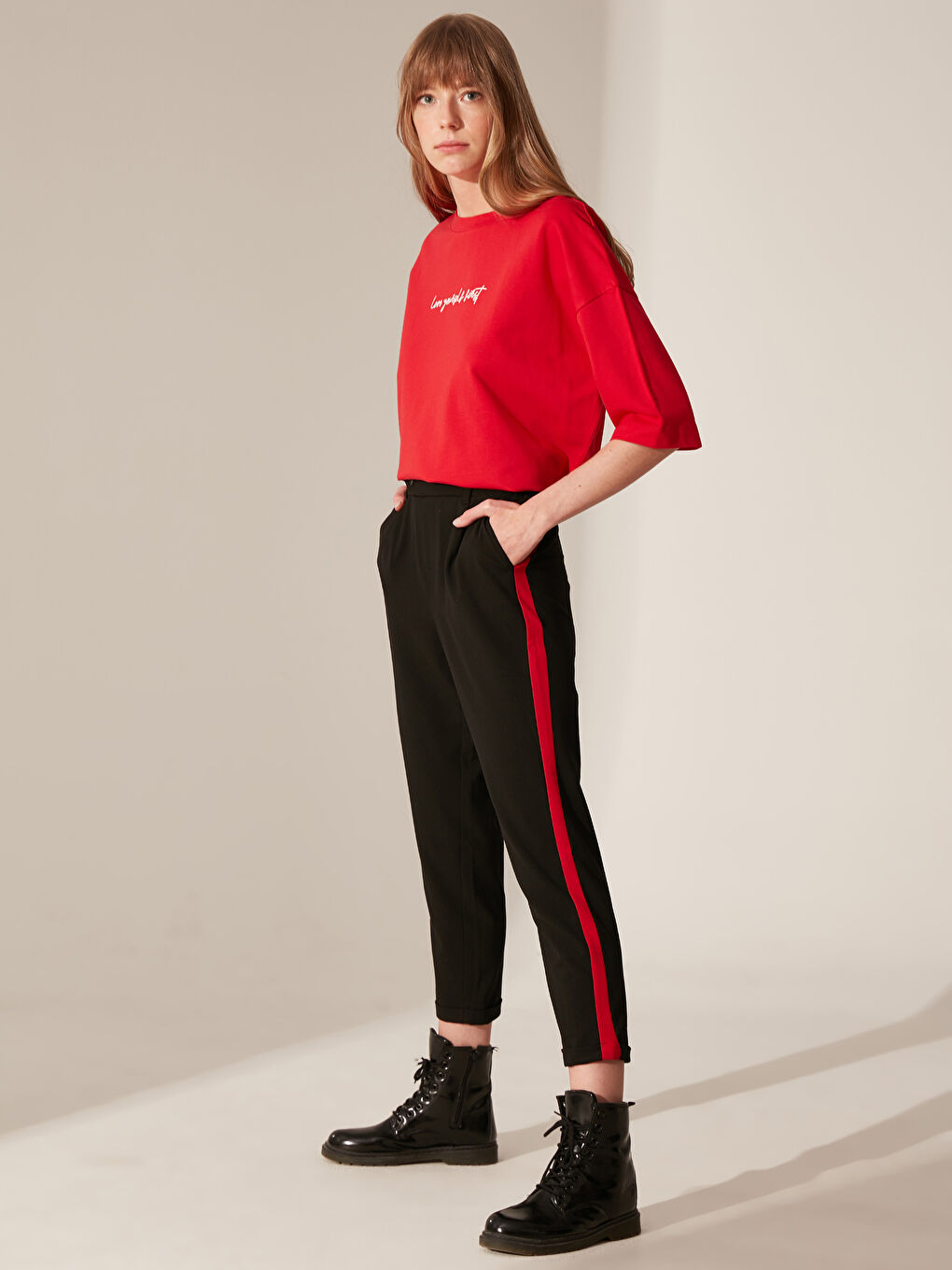 Siyah Rahat Kalıp Poplin Kadın Pantolon-2