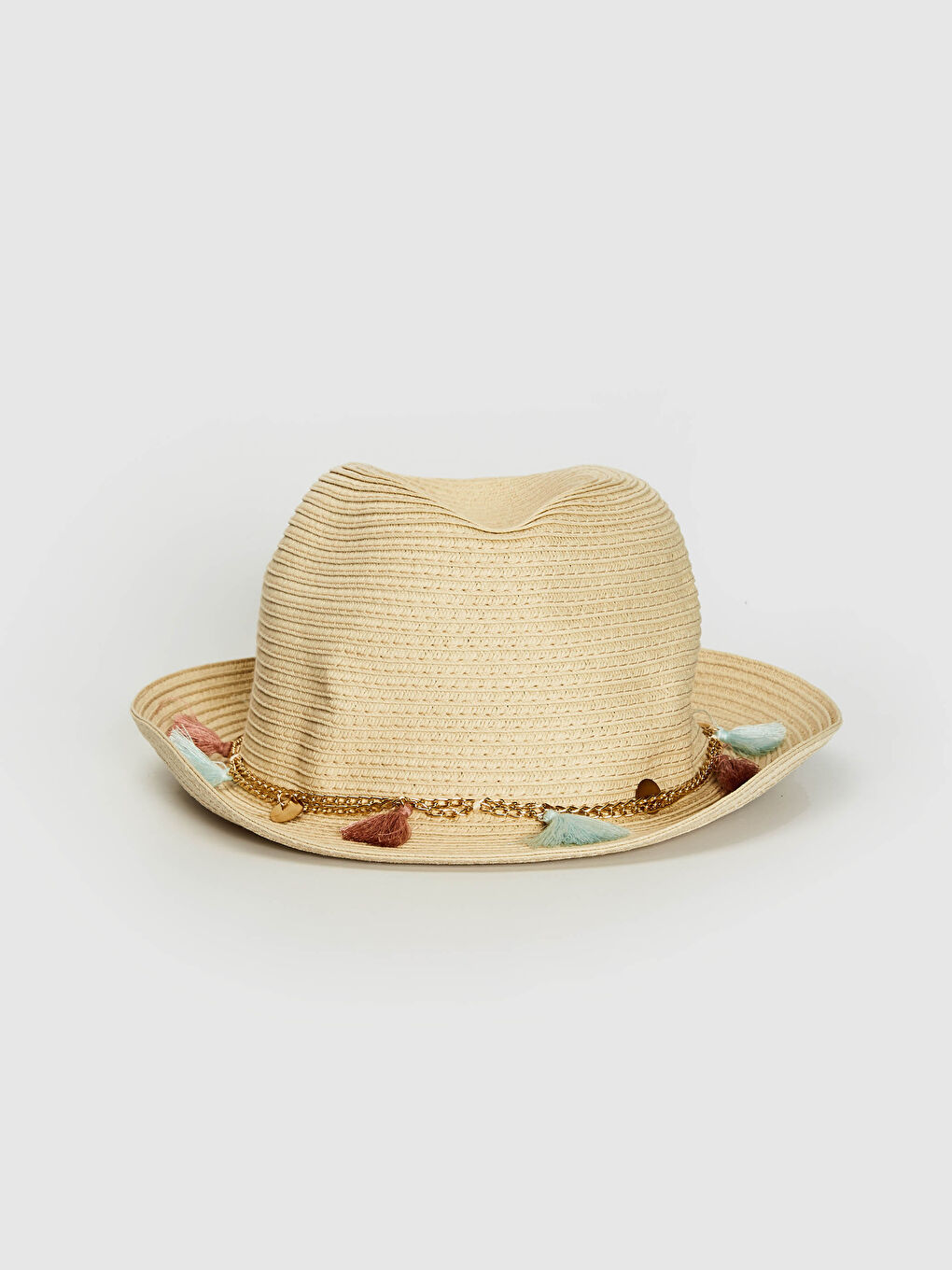 Bej Kız Çocuk Zincir Detaylı Hasır Fötr Şapka-1