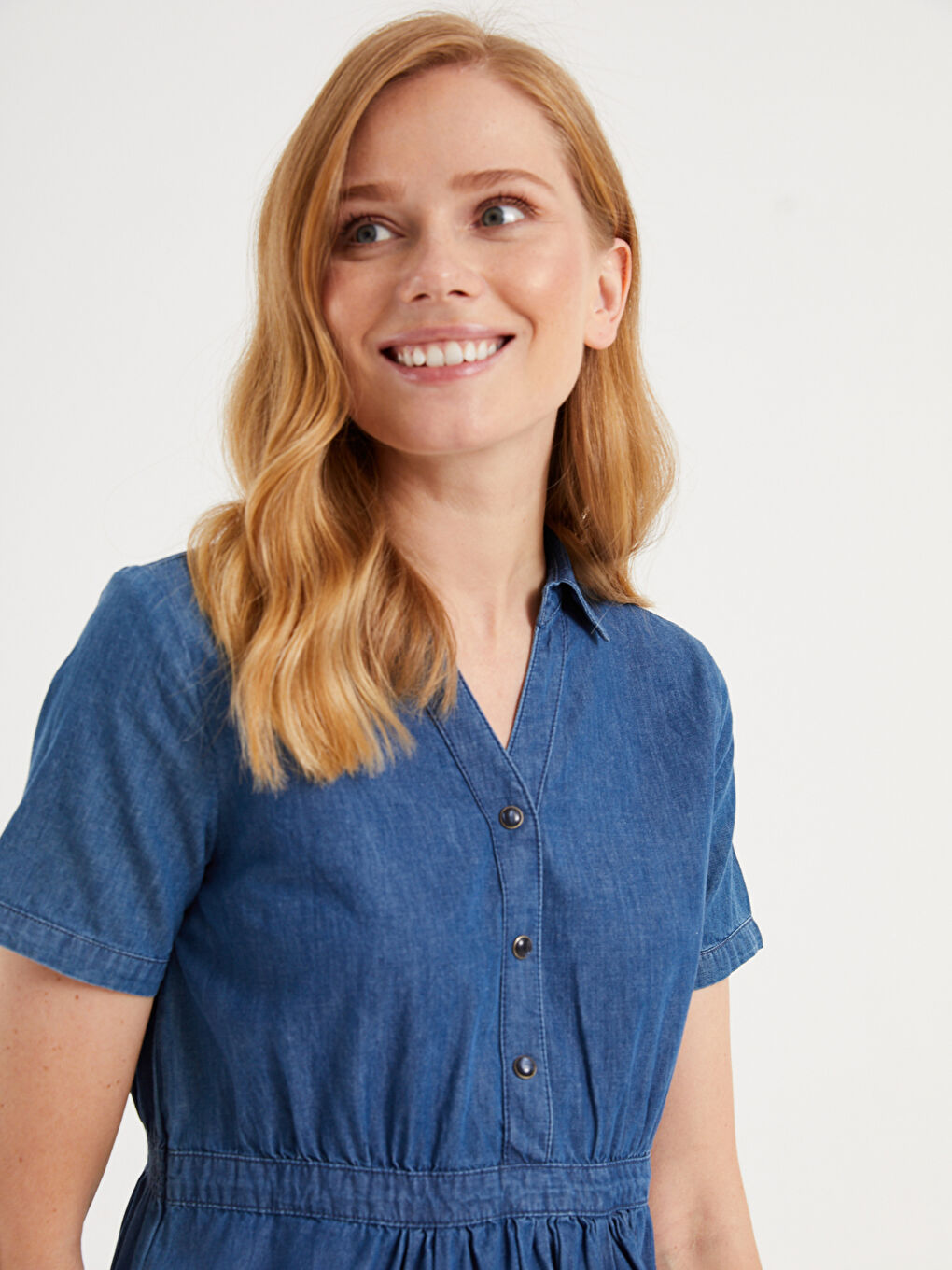 İndigo Gömlek Yaka Kısa Kollu Hamile Jean Elbise-3