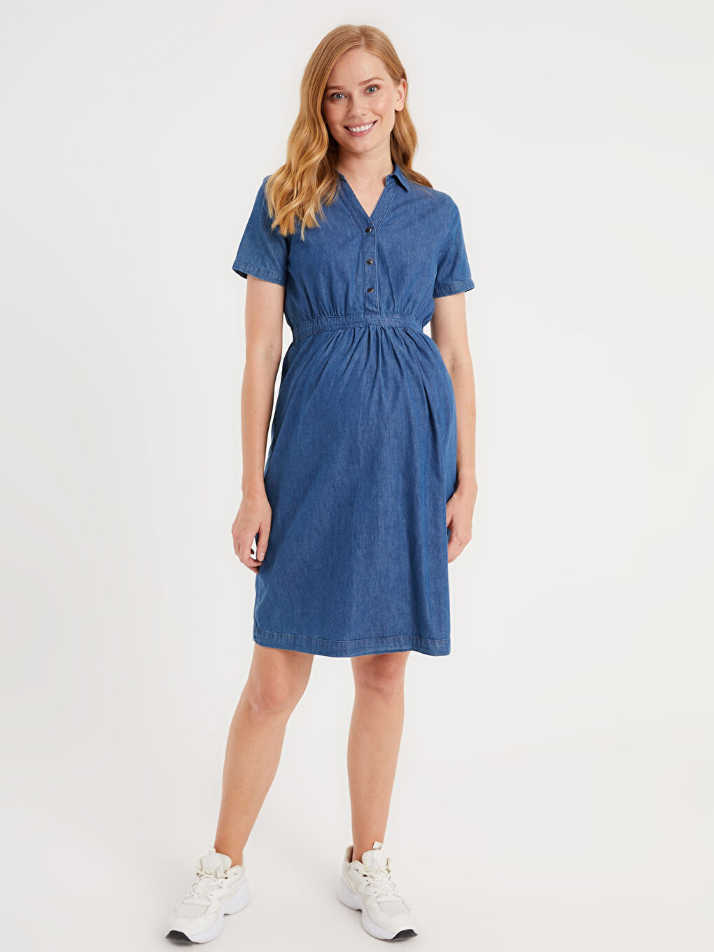 İndigo Gömlek Yaka Kısa Kollu Hamile Jean Elbise-4