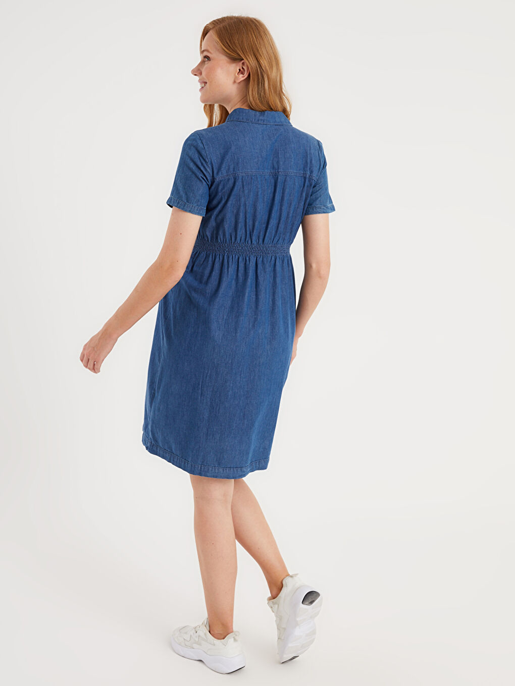 İndigo Gömlek Yaka Kısa Kollu Hamile Jean Elbise-5