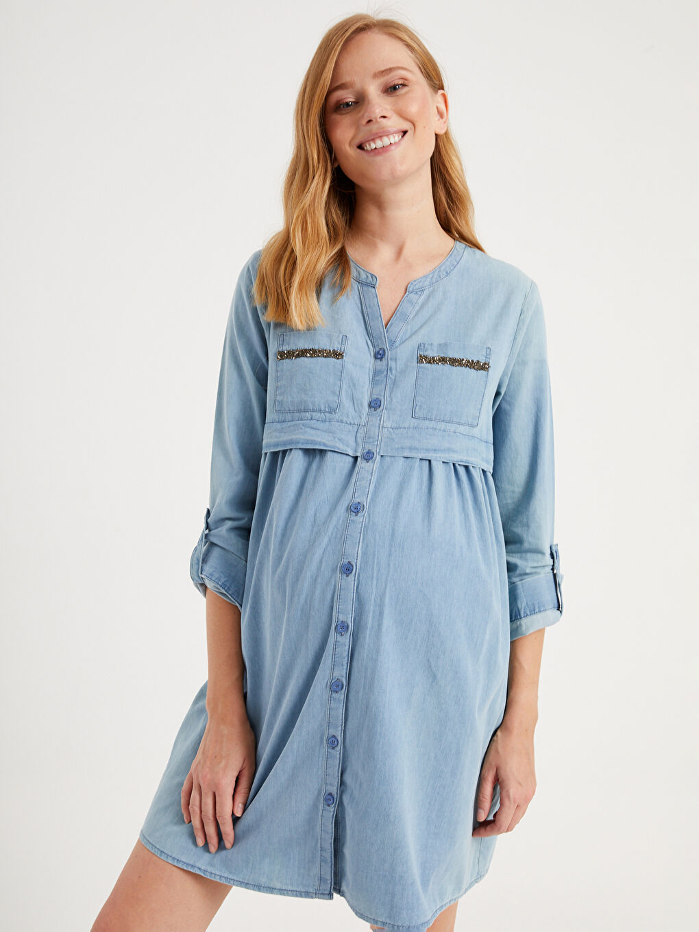 فستان جينز للحوامل بأكمام طويلة-1